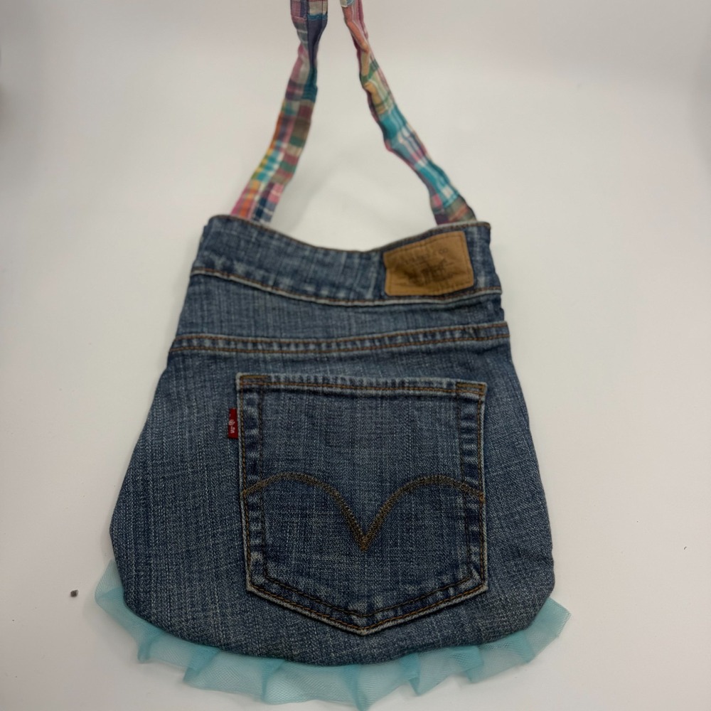 Levi’s Upcycled Shoulder Bag Womens Blue Denim Pocket Plaid Straps Y2K Fashion